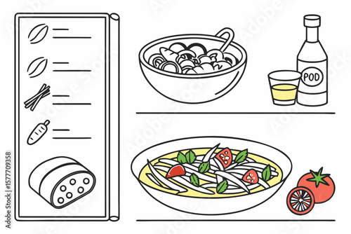 A restaurant menu featuring various food dishes and ingredients