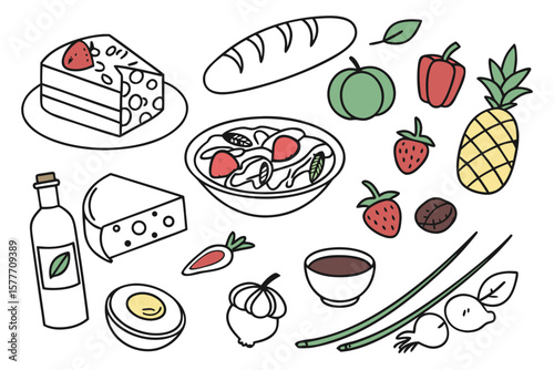 A variety of food ingredients and dishes arranged together