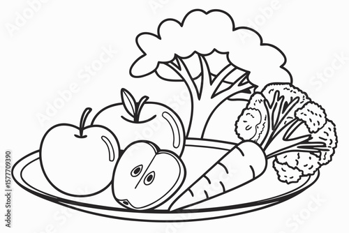 A plate of healthy fruits and vegetables with a tree in the background