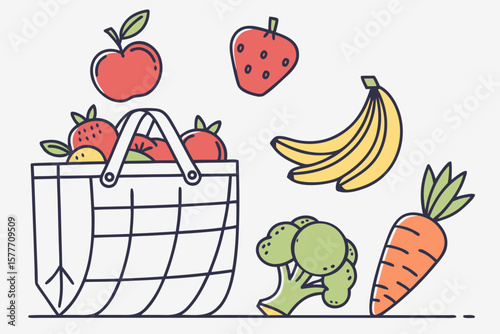 A basket full of fresh fruits and vegetables, isolated on white background