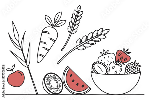 A bowl of fresh fruits and vegetables, isolated on white background