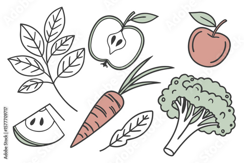 A colorful illustration of apples, carrots, and broccoli