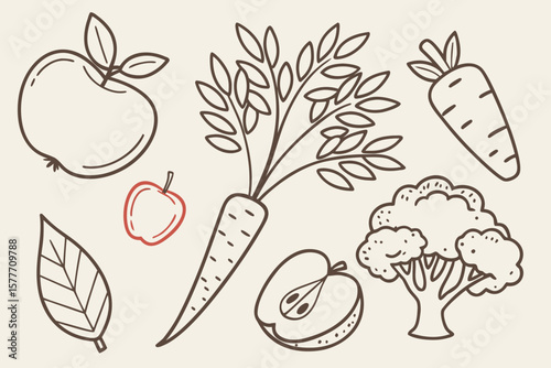 Hand drawn apple, carrot, and cauliflower vector illustration on beige