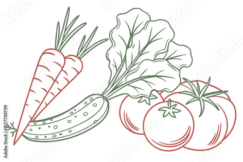 A colorful illustration of carrots, cucumber, and tomatoes