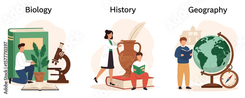 Vector art of biology, history, and geography are illustrated with students and teachers in educational settings