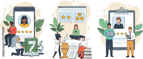 Vector art of online education is illustrated with students and teachers using technology for biology, history, and geography lessons