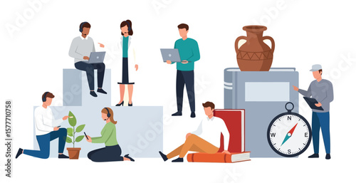 Vector art of people are depicted with books, laptops, and educational objects representing learning and knowledge