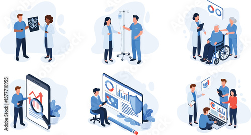 Vector art of an isometric illustration showcases healthcare professionals providing medical care, utilizing digital technology for analysis, and ensuring patient wellbeing in a hospital setting