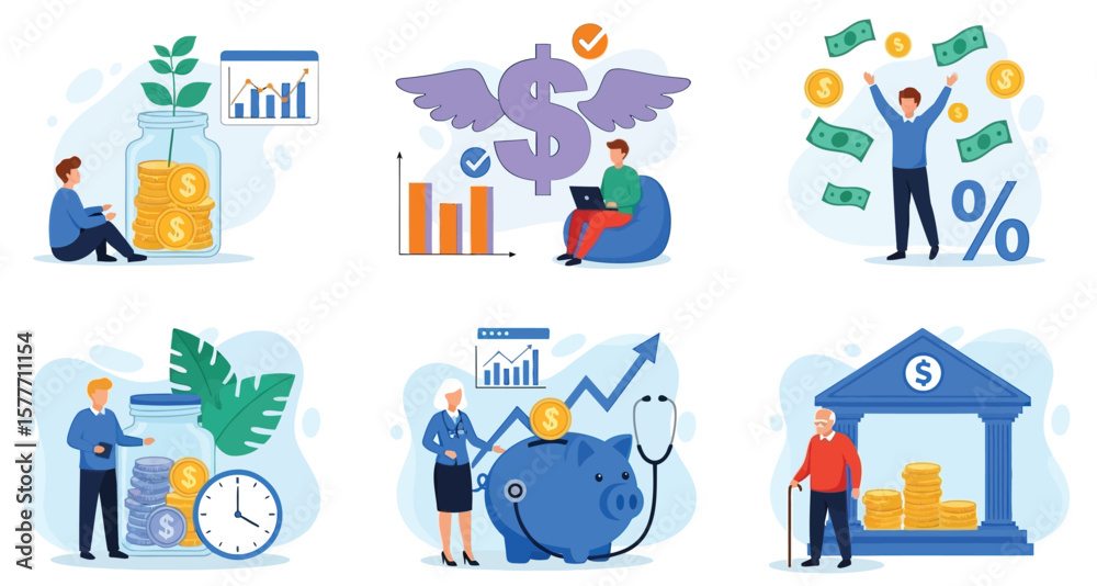 Fototapeta premium Vector art of illustrations depict financial growth, investment strategies, and monetary success, highlighting the importance of planning for the future and achieving financial goals