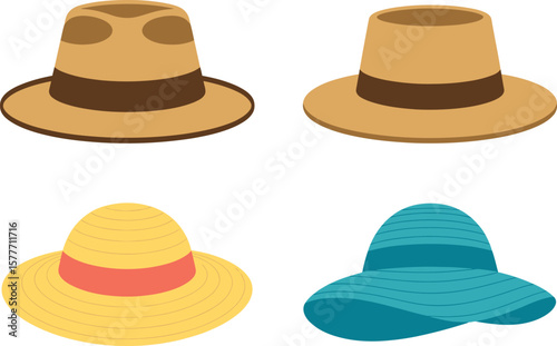 Vector illustration set of man and woman hats. Stylish male and female headwear. Elegant panama and straw hat. Cool and modern fashion theme for digital resources