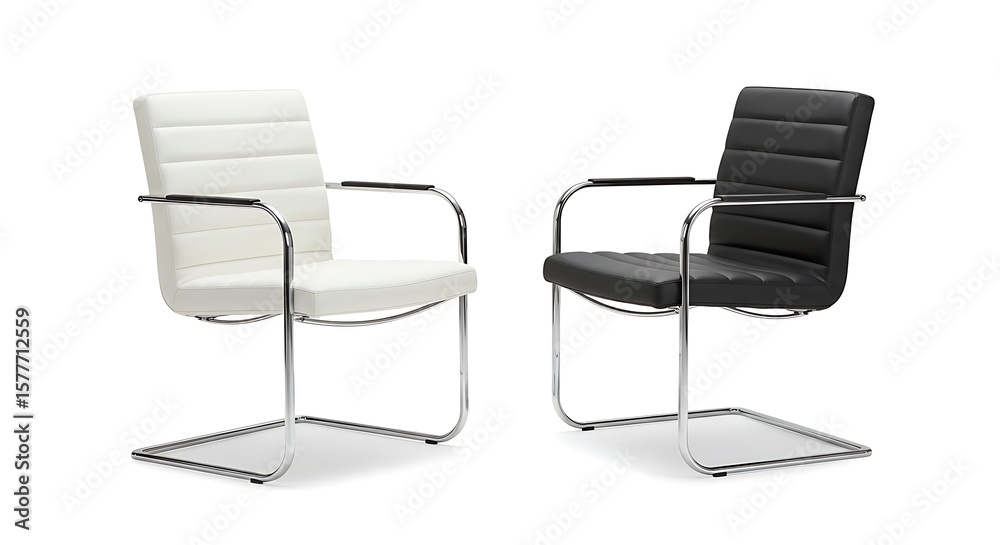 Obraz premium A pair of modern office guest chairs, one in stark white and the other in classic black, are presented side-by-side on a clean white background. 