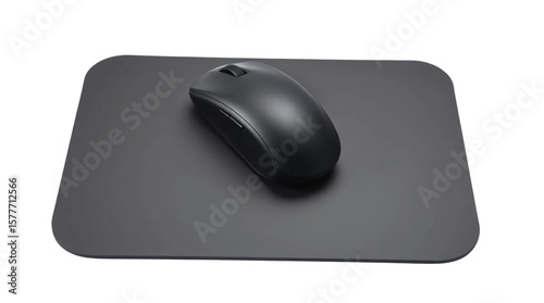 Black computer mouse placed on sleek black mousepad isolated on transparent background