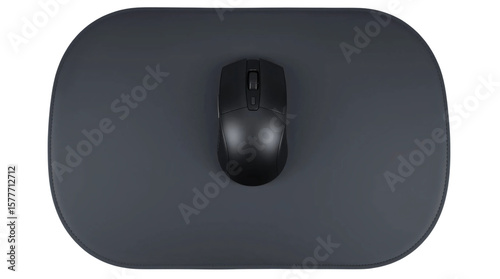 Black computer mouse placed on sleek black mousepad isolated on transparent background