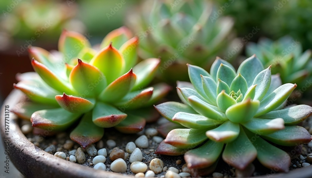 Fototapeta premium HD photography of a vibrant succulent garden, featuring a variety of colorful succulents and cacti in different shapes and sizes. Detailed close-up textures of leaves, water droplets on the surface, a