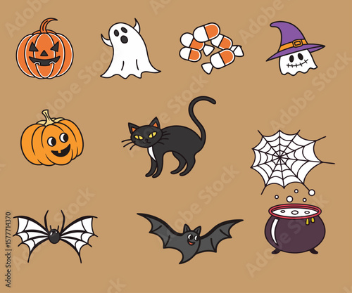Collection of cute hand drawn halloween icons including pumpkins ghosts cat bat spider web and cauldron