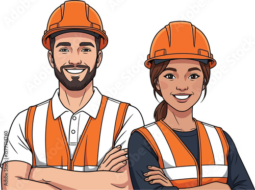 Two cartoon workers wearing hard hats and safety vests with arms crossed