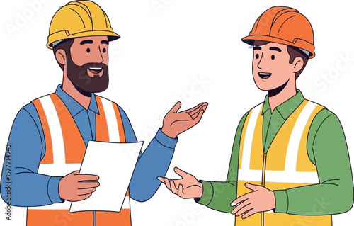 Two construction workers discussing plans at a construction site scene