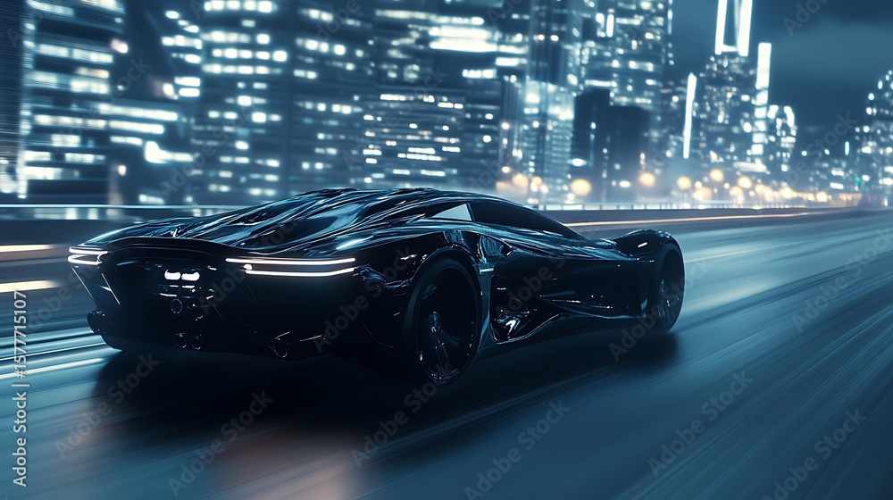 Obraz premium Sleek black futuristic car speeding on a highway at night with city lights in the background blur