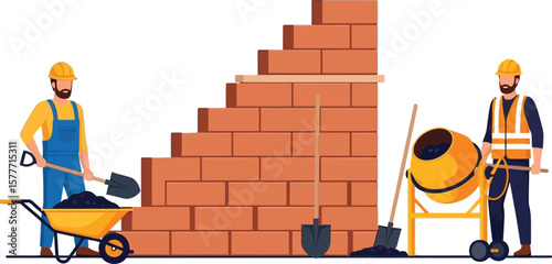 Illustration of construction workers building a brick wall with tools