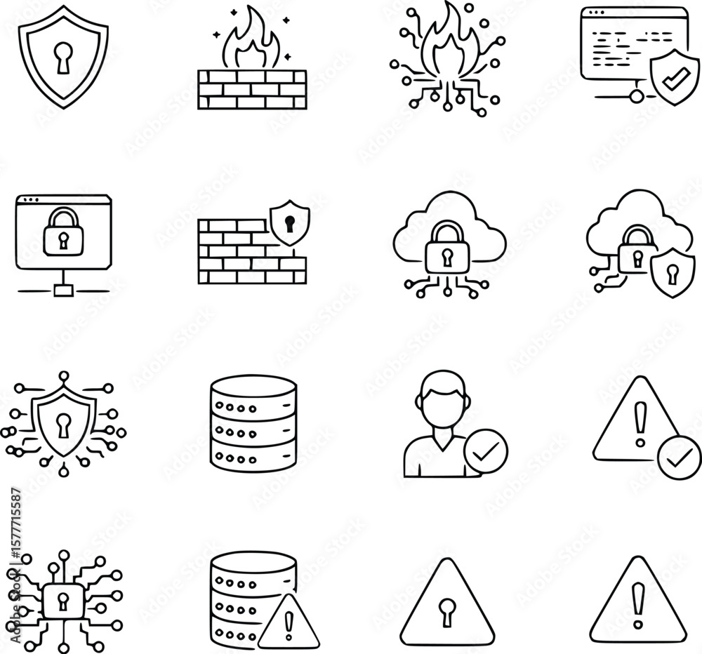 Fototapeta premium Cybersecurity Line Icon Set – Modern Outline Symbols for Data Protection, Privacy, and Firewall