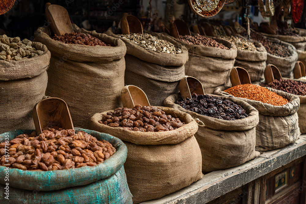 Fototapeta premium Dried Fruits and Nuts in Burlap Sacks at Outdoor Market Display