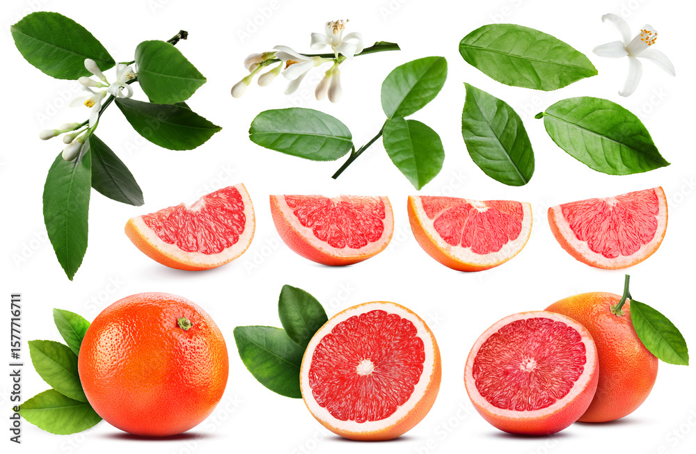 Naklejka premium Fresh grapefruits, green leaves and flowers on white background, collage