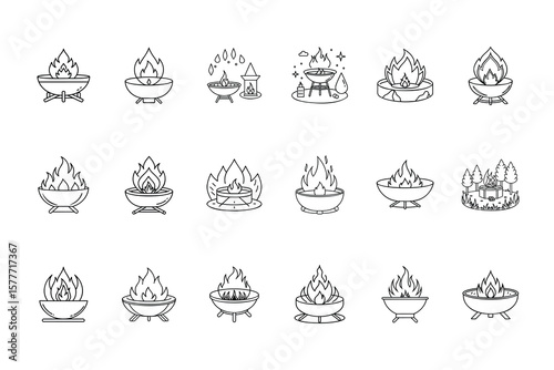 Line icons fire pits with flames outdoor elements Bundle firepit bonfire
