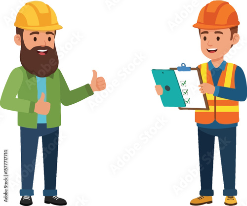 Two construction workers one giving thumbs up the other holding clipboard