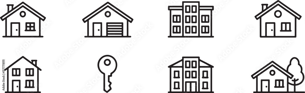 Simple Black and White Line Art Icons Representing Real Estate Buildings and a Key for Opening Homes Simple Black and White Line Art Icons Representing Real Estate Buildings and a Key for Opening Homes