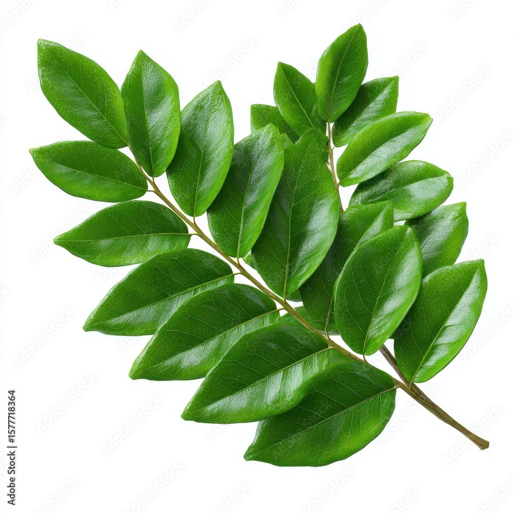 Fototapeta premium A vibrant green branch with multiple glossy leaves detailed with visible veins isolated on white background