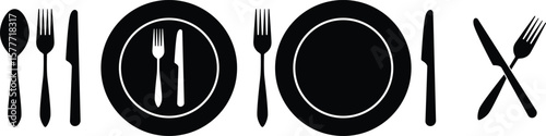 Dining Utensil Vector Set – Spoon, Fork, Knife, and Plate Table Setting Silhouettes for Food and Etiquette Illustrations