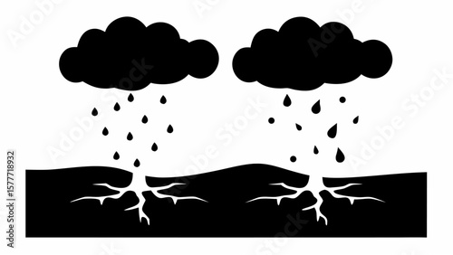 Two clouds raining on soil with visible root systems