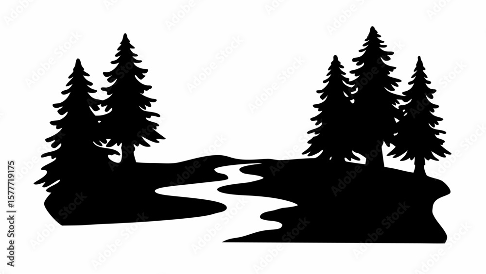Obraz premium Silhouette of trees and river landscape illustration