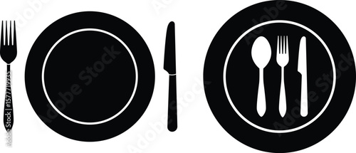 Table Setting Icon Vector Set – Fork, Knife, Spoon Placement Variations with Plates in Minimalist Black Silhouettes on White Background