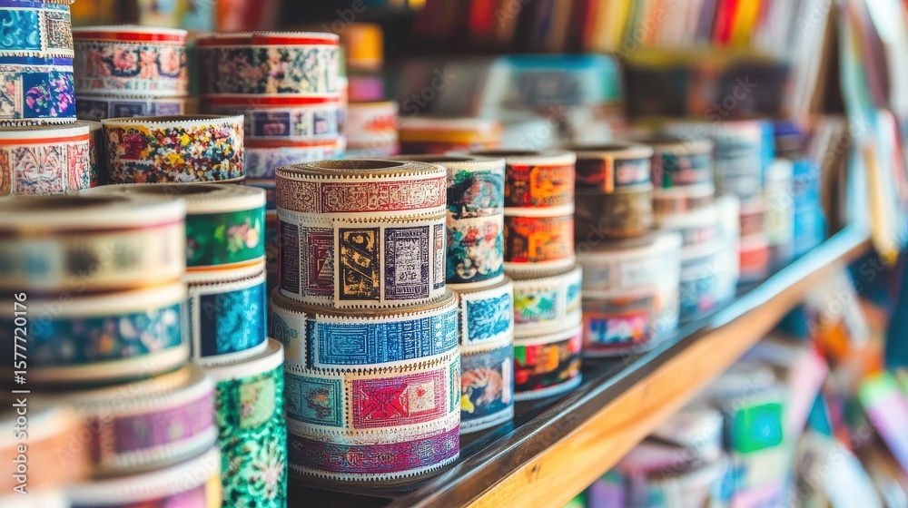 Obraz premium Colorful Decorative Boxes on Wooden Shelf in Artsy Retail Space