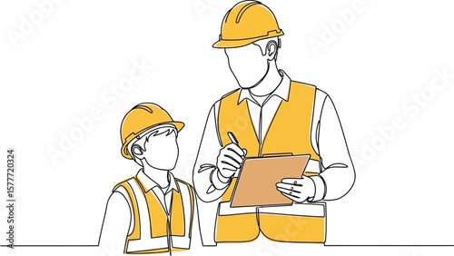 Continuous line drawing of two construction workers with clipboard pen