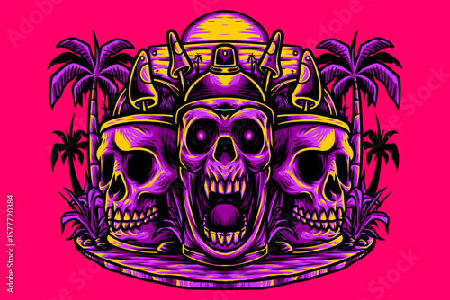 Psychedelic graffiti skull with horns, sunglasses, and palm trees on vibrant purple background. Perfect for streetwear, party posters, or edgy summer themes.