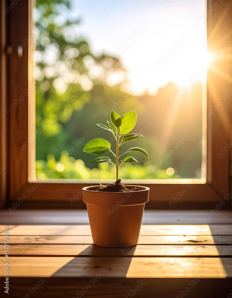 Fototapeta premium Small Green Plant Sprouting in Brown Pot on Wooden Windowsill in Sunlight.growth, new life, leaf, nature, background, environment, garden, organic, plant, germinating, concepts, growing, hope, 