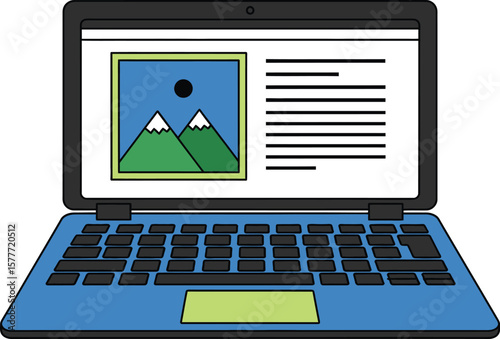 A laptop displaying a landscape picture and text on its light blue screen