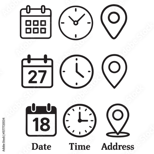 Date, Time, and Address icon set Vector illustration