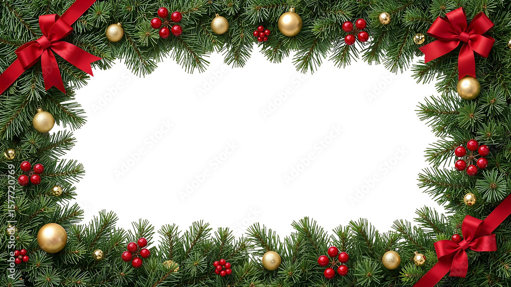 Christmas Pine Frame with Red Bows and Ornaments Christmas Pine Frame with Red Bows and Ornaments