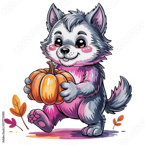 Cute cartoon wolf  on transparent background 