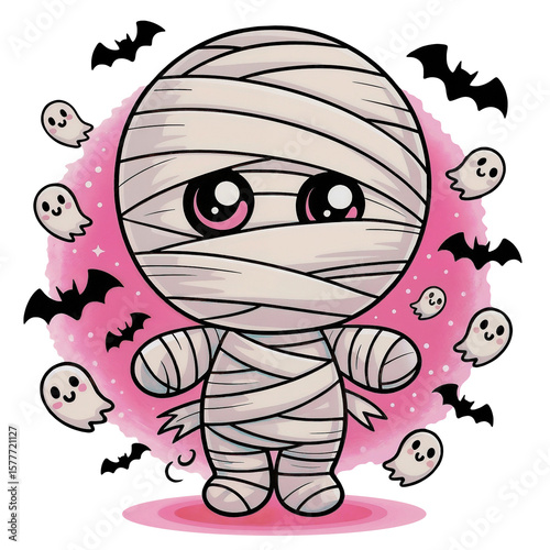 A playful mummy character stands cheerfully with big eyes, creating a festive Halloween atmosphere.