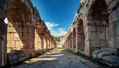 empty corridor with arches and blue sky ruins of the ancient city smyrna izmir turkey