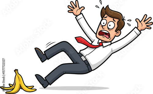 Businessman slipping on banana peel, workplace hazard, cartoon mishap, humorous fall, office safety illustration, funny accident scene, corporate clumsiness