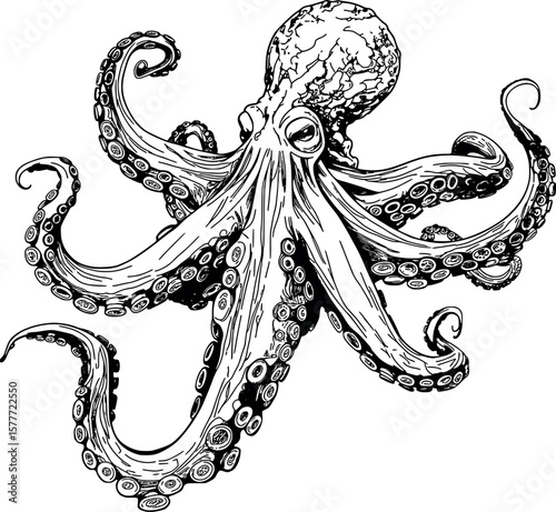 Drawing of a Giant Octopus Ideal for Coloring
