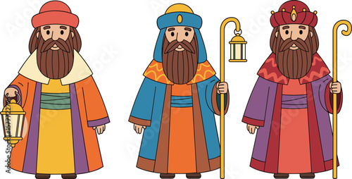 Three Wise Men, Christmas Nativity Scene, Colorful Robes, Lanterns, Staffs, Holiday Illustration, Traditional Kings, Festive Celebration, Biblical Characters, Spiritual Art