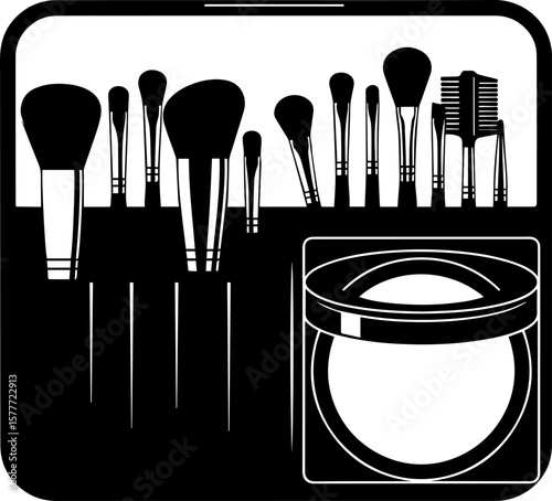 Black and White Makeup Brush Set with Powder Compact Illustration
