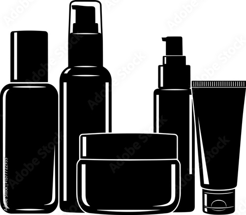 Black and White Skincare Product Set with Bottles and Tube