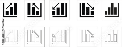 Transparent png icon set of bar charts with rising and falling trend arrows for business and analytics